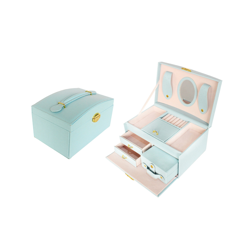 Blue Pu Jewelry Storage Box With Cosmetic Mirror